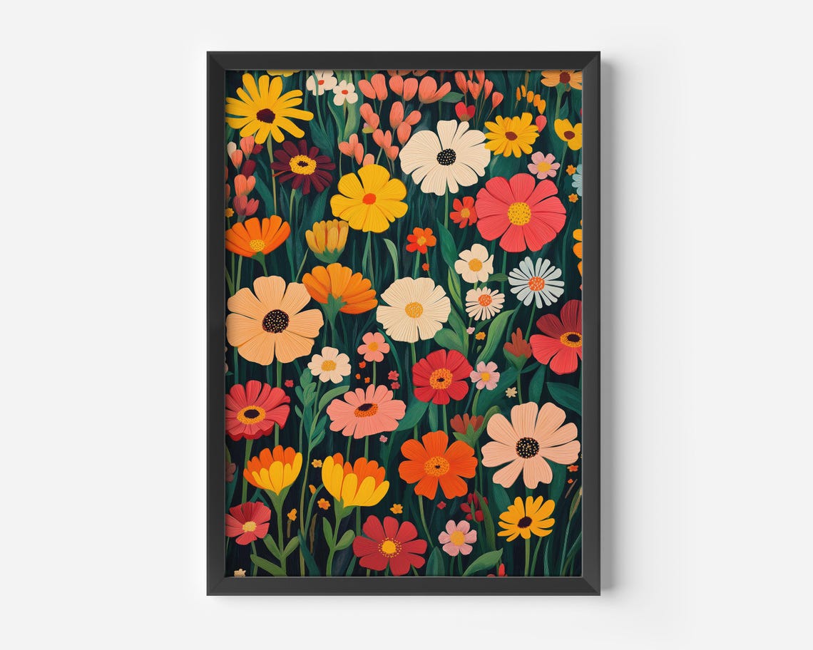 Colorful Wildflower Meadow Dark Background Botanical Wall Art