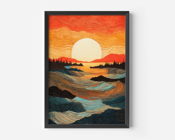 Modern Living Room Wall Decor Sunset Landscape Boho Poster Warm Orange Blue Design Abstract Nature Art Scandi Flair