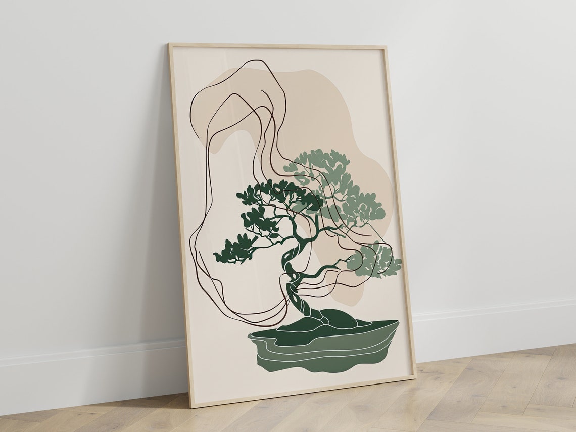 Living Room Decoration Wall Art Zen Minimalist Print Green Bonsai Graphic Nature Elegant Modern Boho Poster
