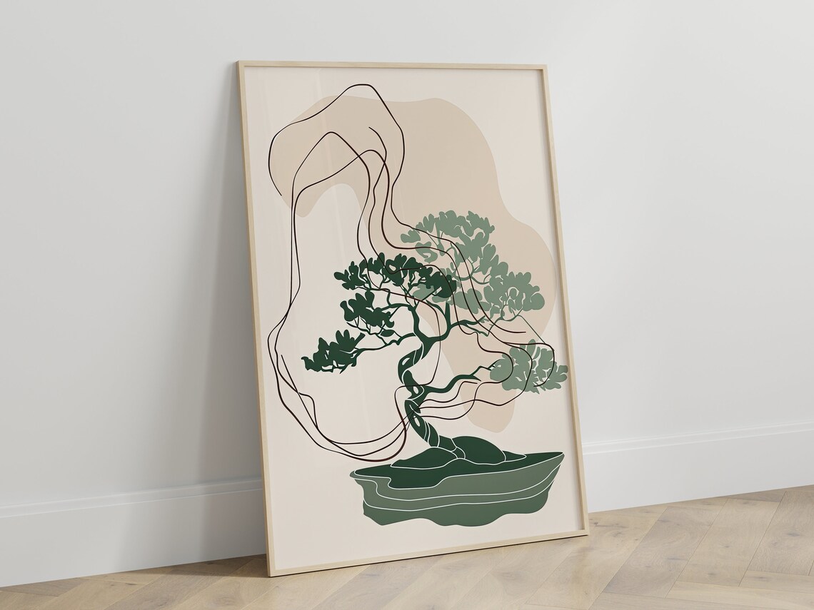 Minimalist Green Bonsai Tree Zen Line Art Japanese Botanical Poster