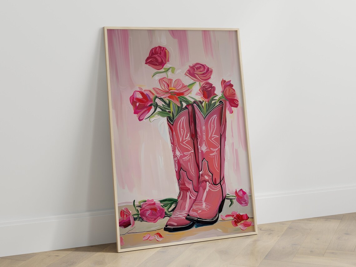 Pink Cowgirl Boots Painting Print, Western Flowers