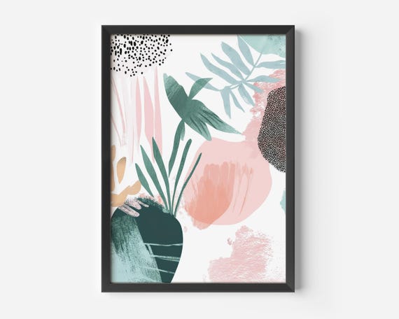 Nature Living Room Wall Art Scandi Poster Abstract Plant Illustrations Pastel Green Pink Stylish Decor Modern Home