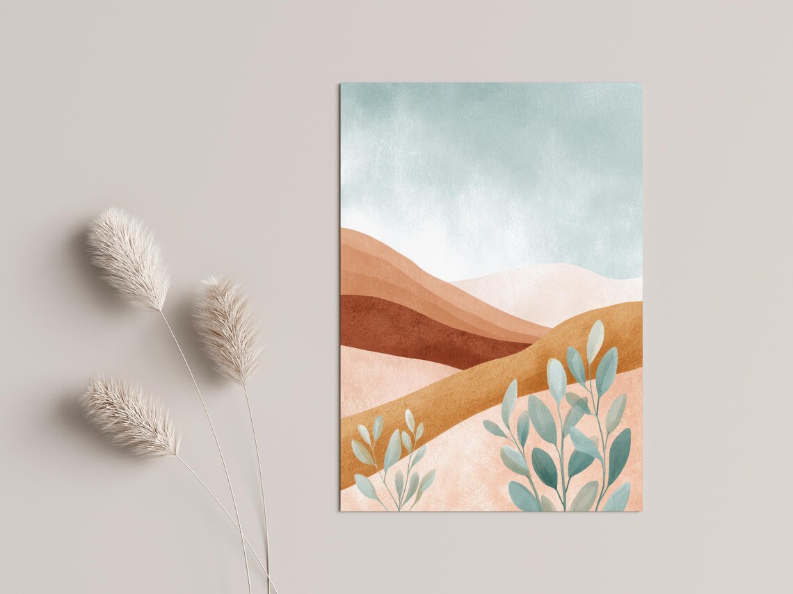 Terracotta and Sage Nordic Landscape Poster with Botanical Leaves