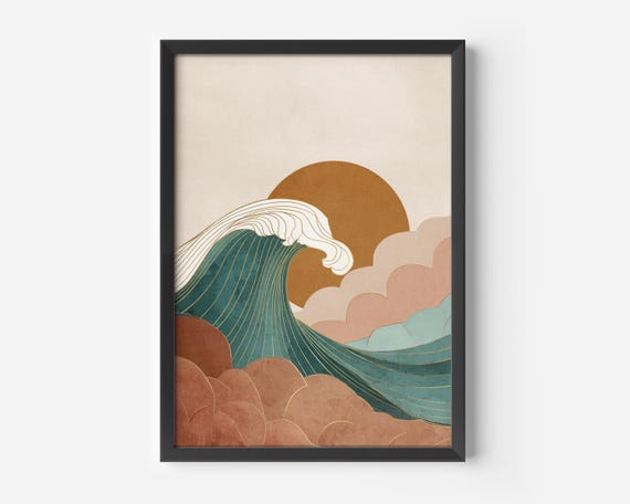 Modern Living Room Wall Art Japandi Waves Poster Blue And Brown Wave Illustration Minimalist Ocean Decoration For Hallways Offices