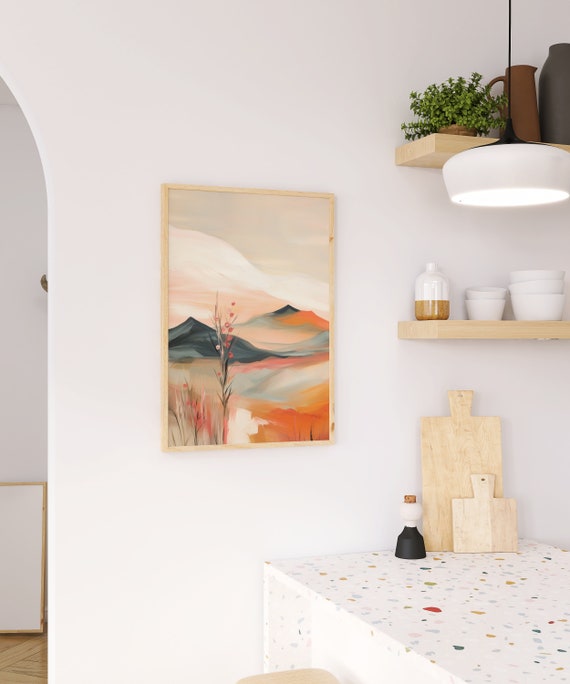 Modern Living Room Wall Decor Watercolor Mountain Landscape Pastel Orange Pink Art Scandinavian Style Print Hallway Bedroom Office