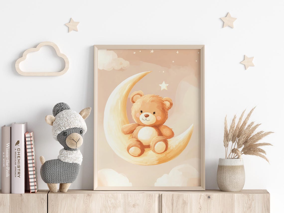 Adorable Teddy Bear on a Crescent Moon Pastel Nursery Art Print