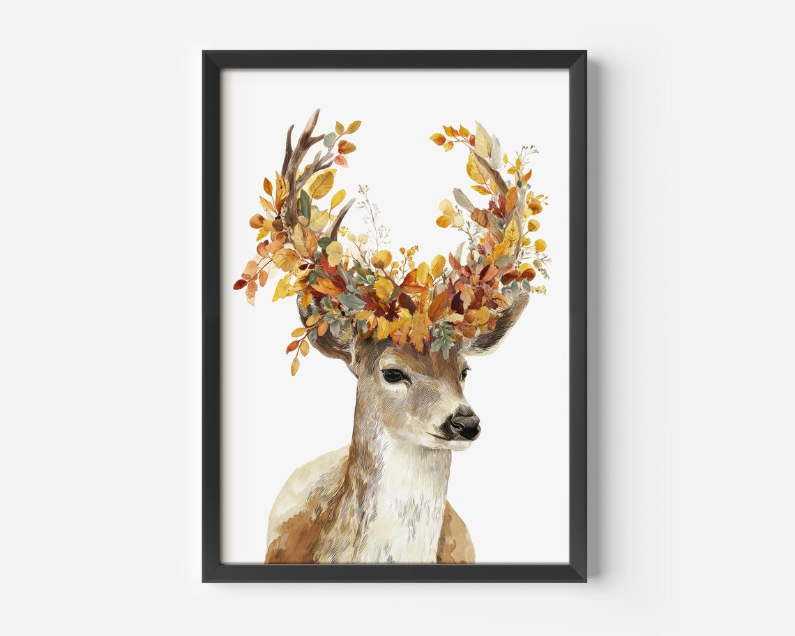 Autumn Deer Botanical Watercolor Art Print
