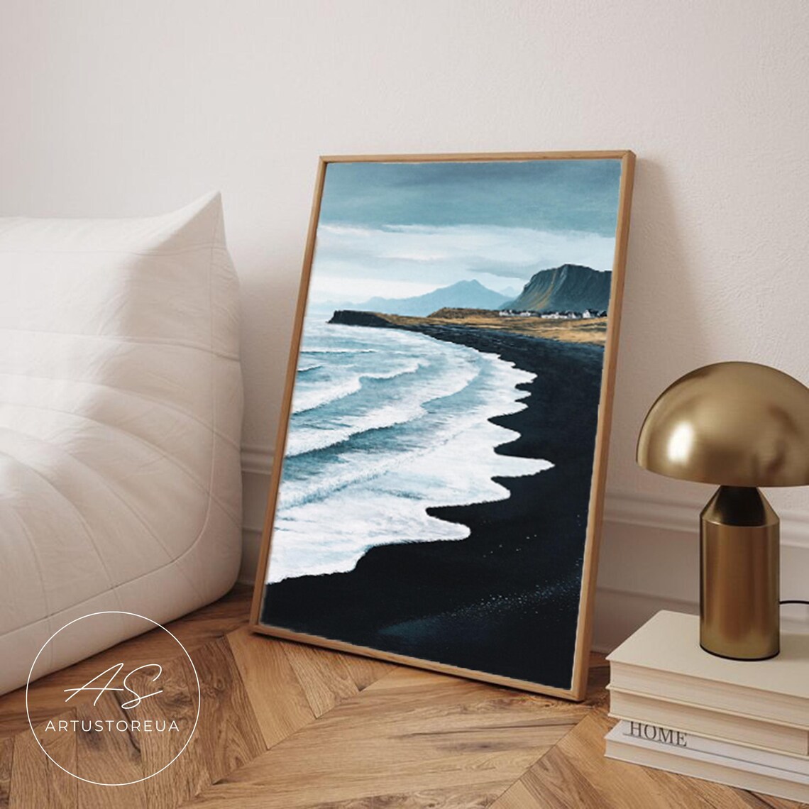 Black Sand Beach Poster, Moody Seascape Art Print