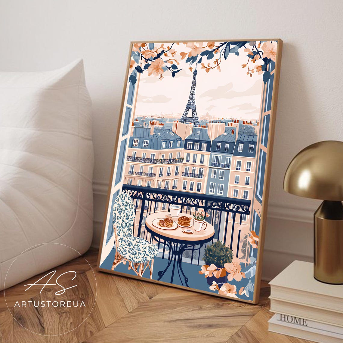 Paris Balcony Breakfast Eiffel Tower View France Travel Poster