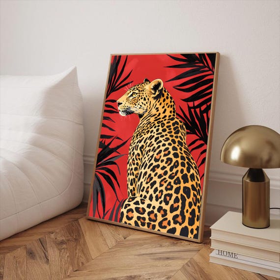 Leopard Print Red Background Jungle Scene Bold Black Leaves Exotic Portrait Modern Wildlife Illustration Tropical Animal Decor