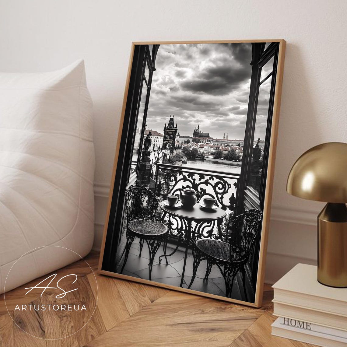 Prague Balcony Tea Set Black White Charles Bridge View Poster