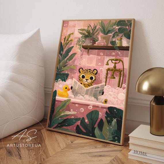 Whimsical Leopard Bath Time Art Print With Bubble Rubber Duck Tropical Plants Pink Tile Bathroom Cute Animal Illustration