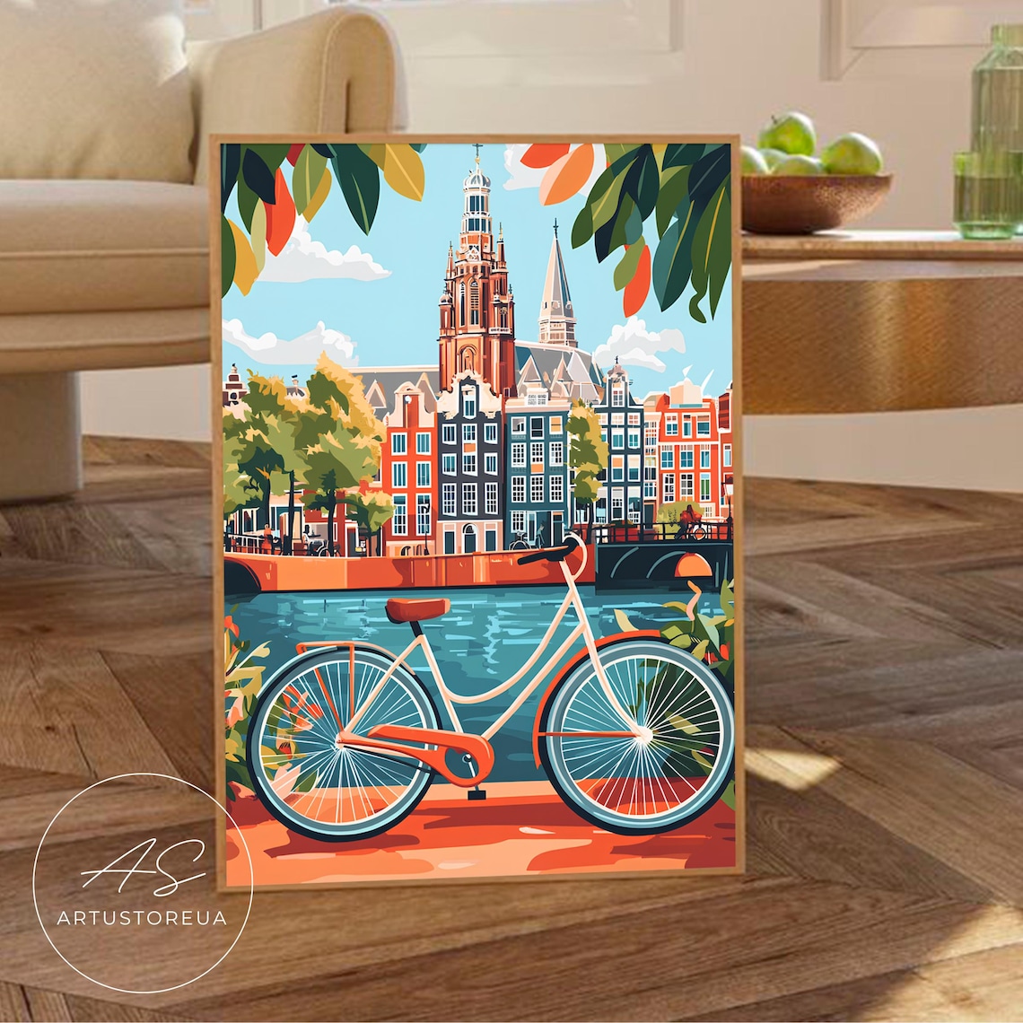 Amsterdam Print, Vintage Bike Canal Scene Poster