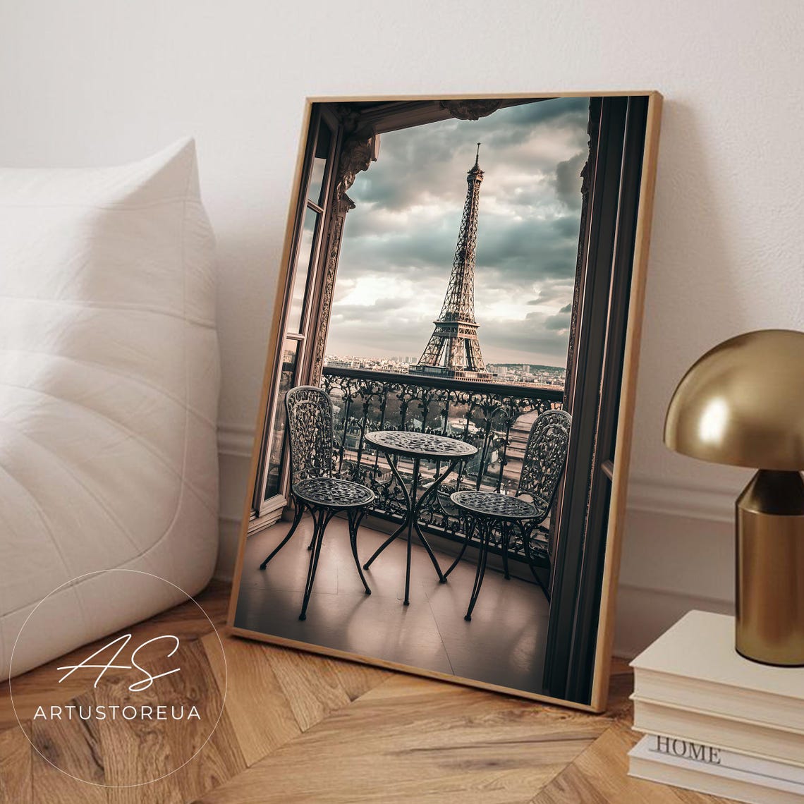 Paris Balcony With Eiffel Tower View and Bistro Chairs at Dusk Poster