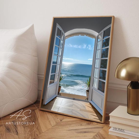 Mediterranean Ocean Window View Art Print Coastal Horizon Photography Serene Sea Wall Decor Blue Water Poster Minimalist Beach Room