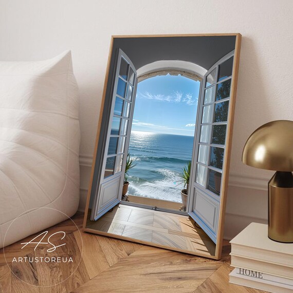 Open French Doors Revealing a Bright Blue Ocean Horizon View Poster
