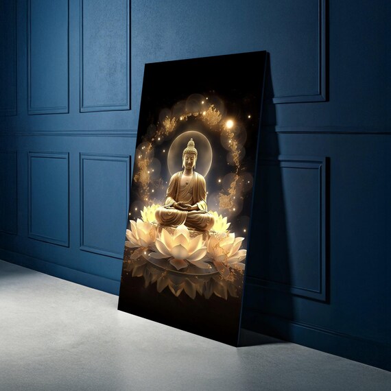 Golden Buddha Meditation Canvas Spiritual Wall Art Flower Decor Zen Buddhism Print Tranquil Home Decoration