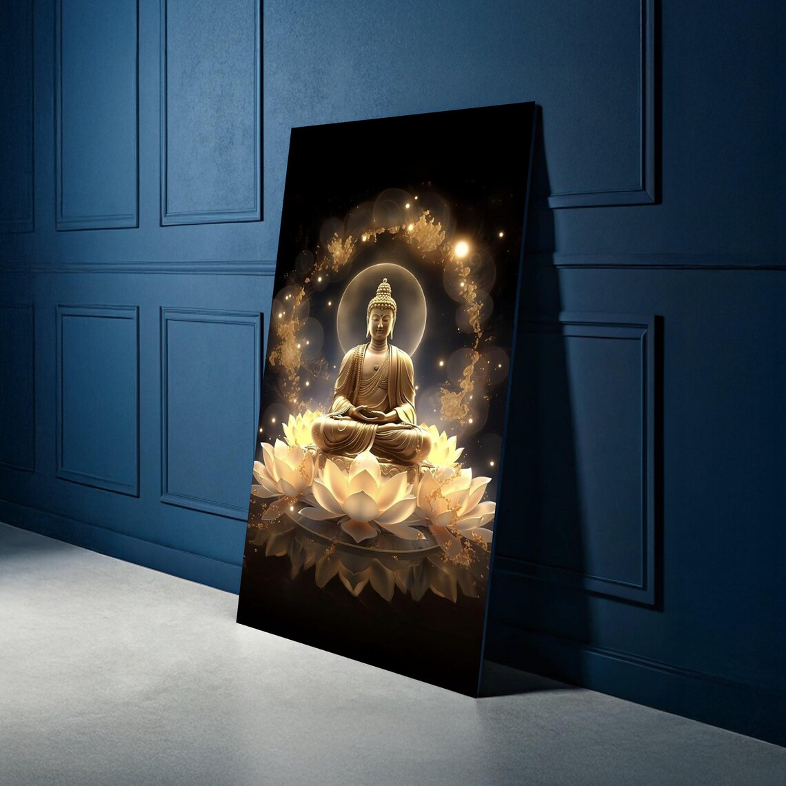 Golden Buddha Meditation Lotus Flower Divine Light Spiritual Art Poster