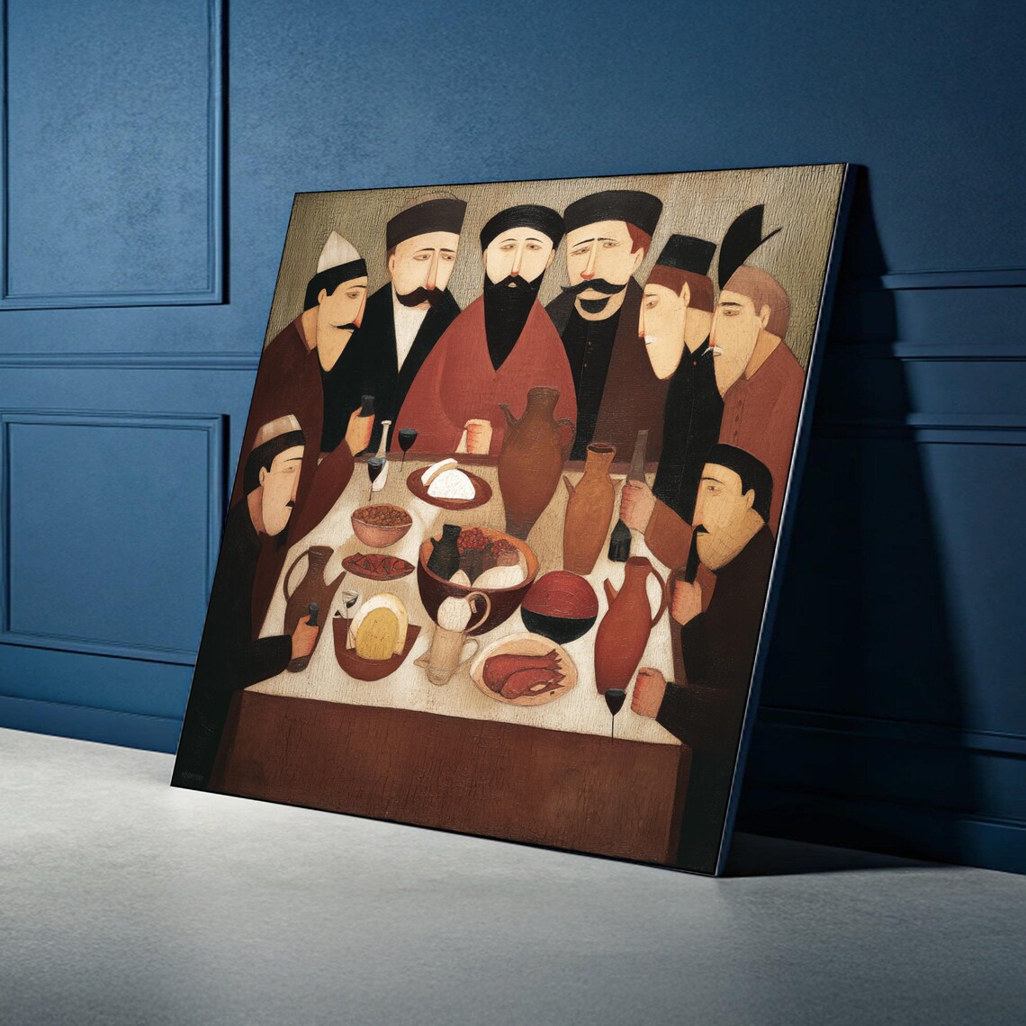 Traditional Feast Gathering Folk Painting Wine Food Celebration Poster