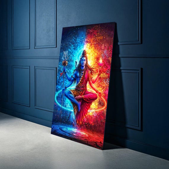 Divine Lord Shiva Meditation Canvas Cosmic Energy Wall Art Spiritual Hindu God Decor Vibrant Blue Red Balance Yoga Print