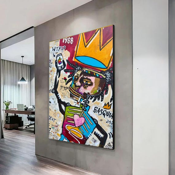 Urban Basquiat Canvas Abstract Crowned Figure Wall Art Pop Graffiti Style Modern Street Dcor Bold Colorful
