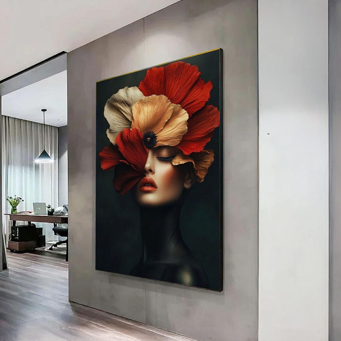 Woman With Red Flower Headpiece Dramatic Modern Floral Portrait Poster
