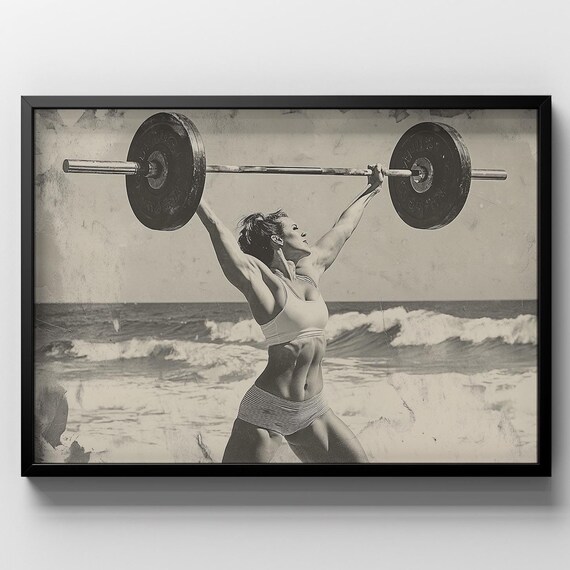 Strong Woman Weightlifting Black And White Beach Barbell Vintage Sports Poster
