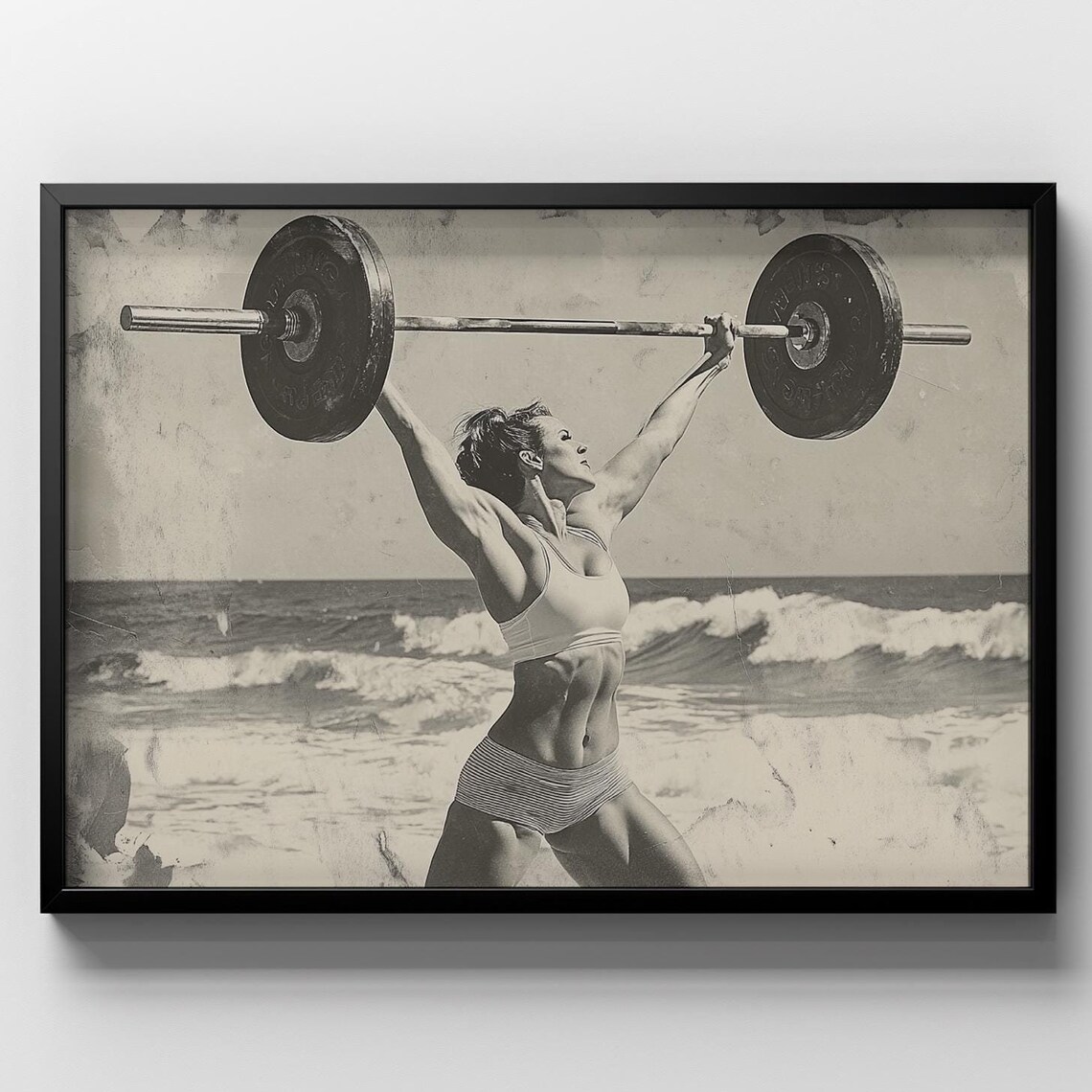 Strong Woman Weightlifting Black And White Beach Barbell Vintage Sports Poster