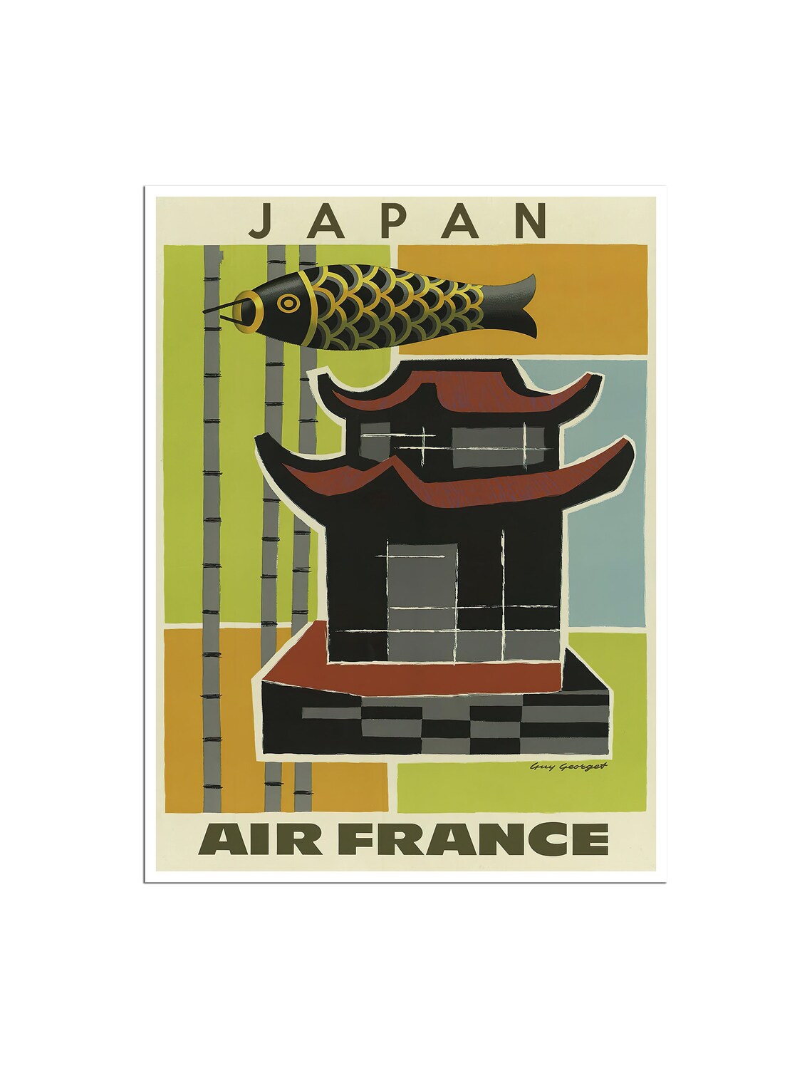 Japan Air France Vintage Koi Fish Temple Bamboo Travel Poster