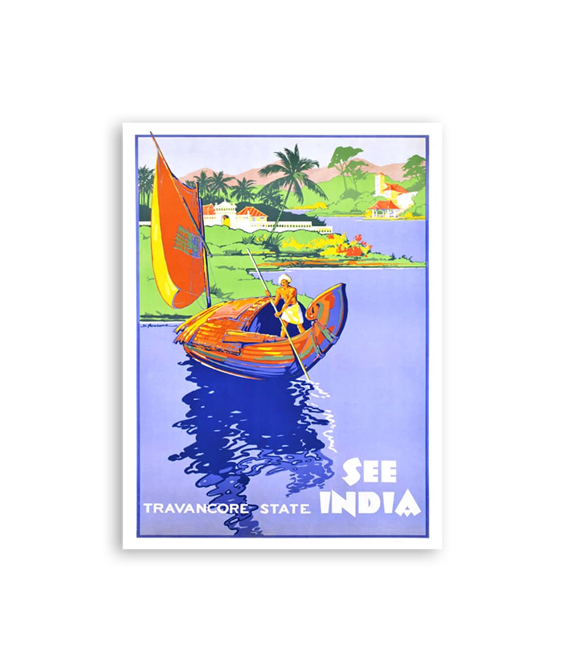 See India Travancore State Backwater Boat Vintage Travel Poster