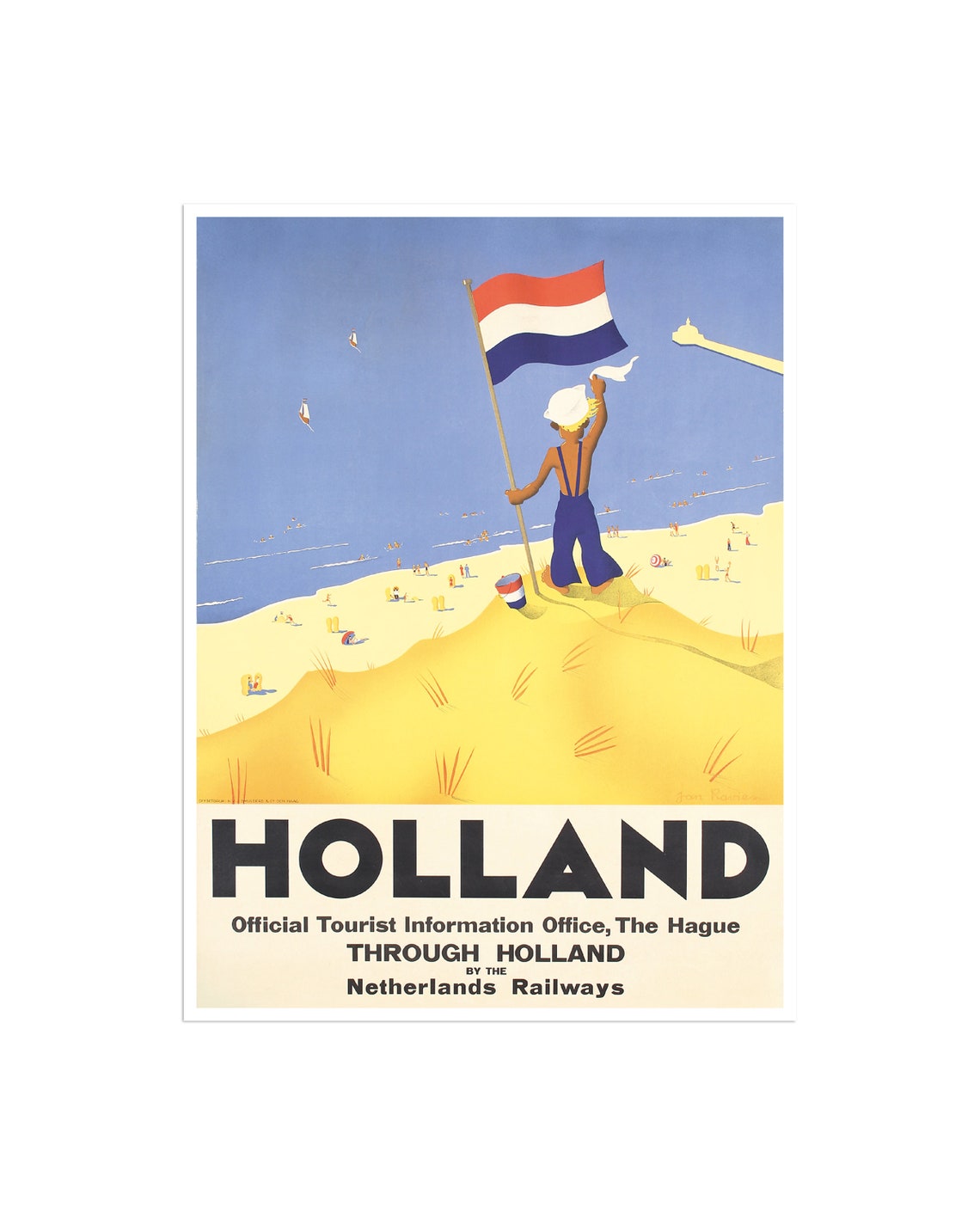Holland Beach Flag Boy Netherlands Railways Vintage Travel Poster