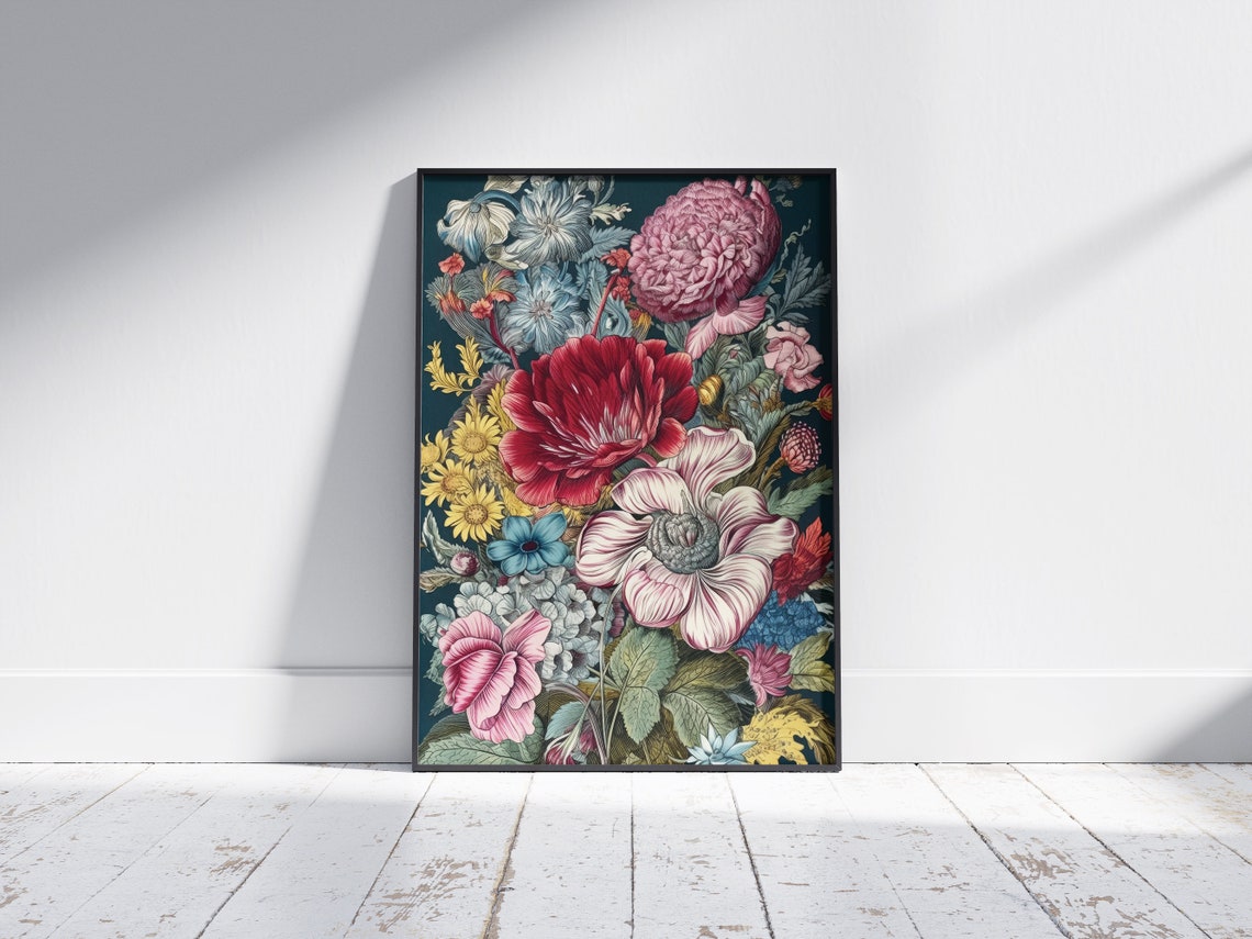 Wildflower Bouquet Vintage Botanical Illustration Dark Teal Art Print