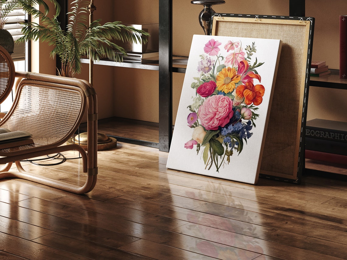 Pink Peony Wildflower Bouquet Vintage Botanical White Canvas Wall Art - Image 4