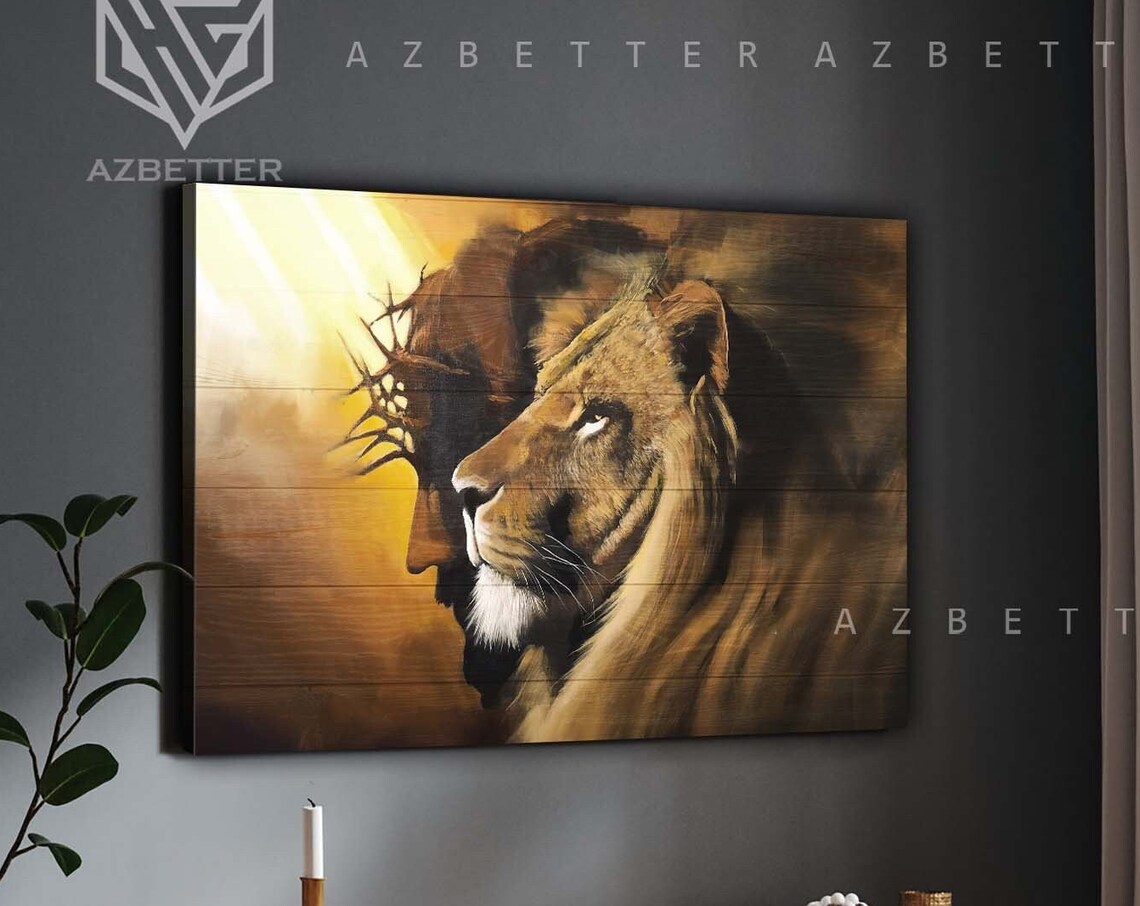Lion And Jesus Art God Wall Art Home Decor Gift For Christians Jesus Painting Lion Of Judah Church Decor Christ Art