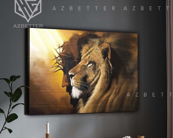 Lion and Jesus Side Profile Crown of Thorns Golden Wood Art Poster