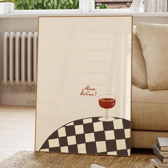 More Wine Red Script Minimalist Wine Glass Checkerboard Table Poster