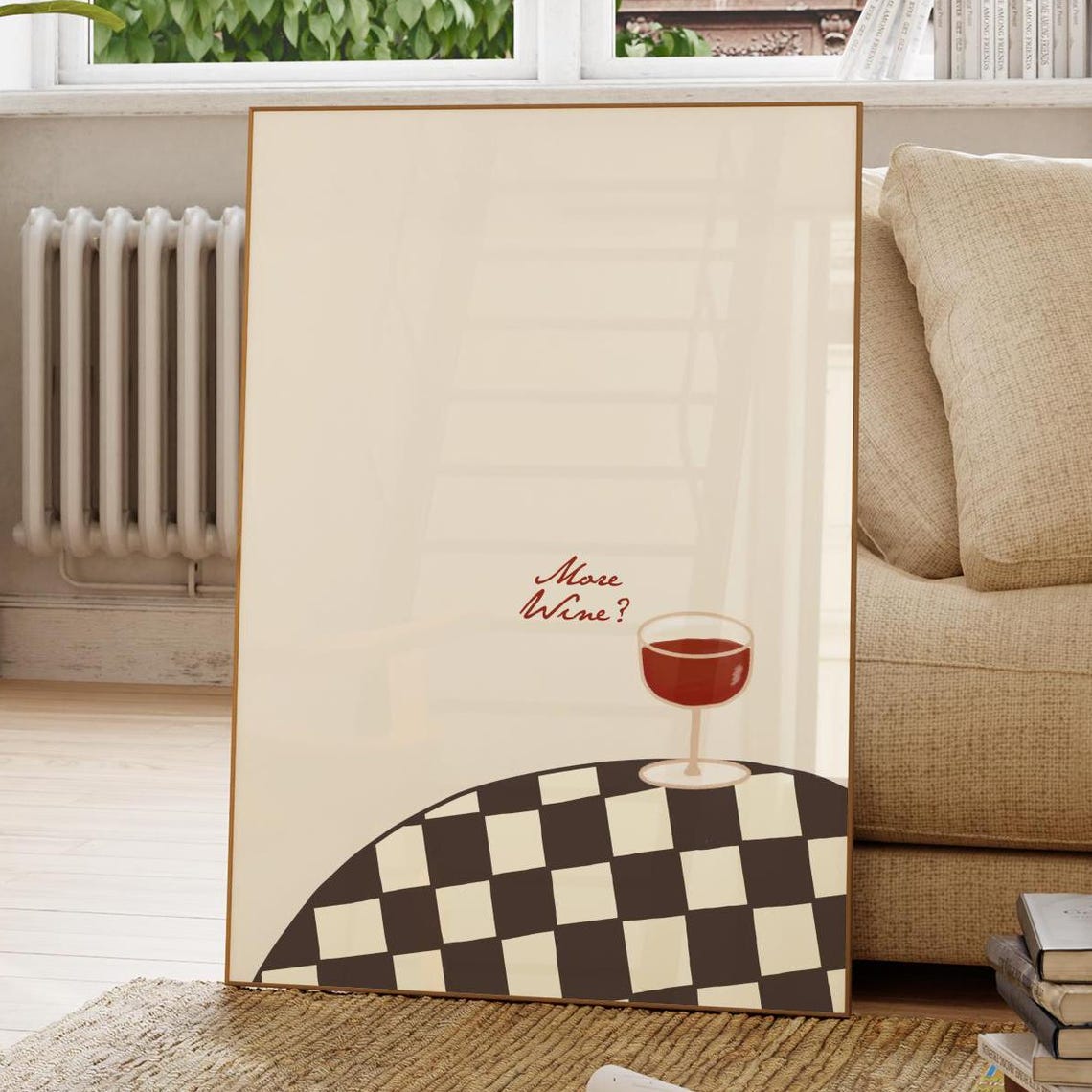 More Wine Red Script Minimalist Wine Glass Checkerboard Table Poster
