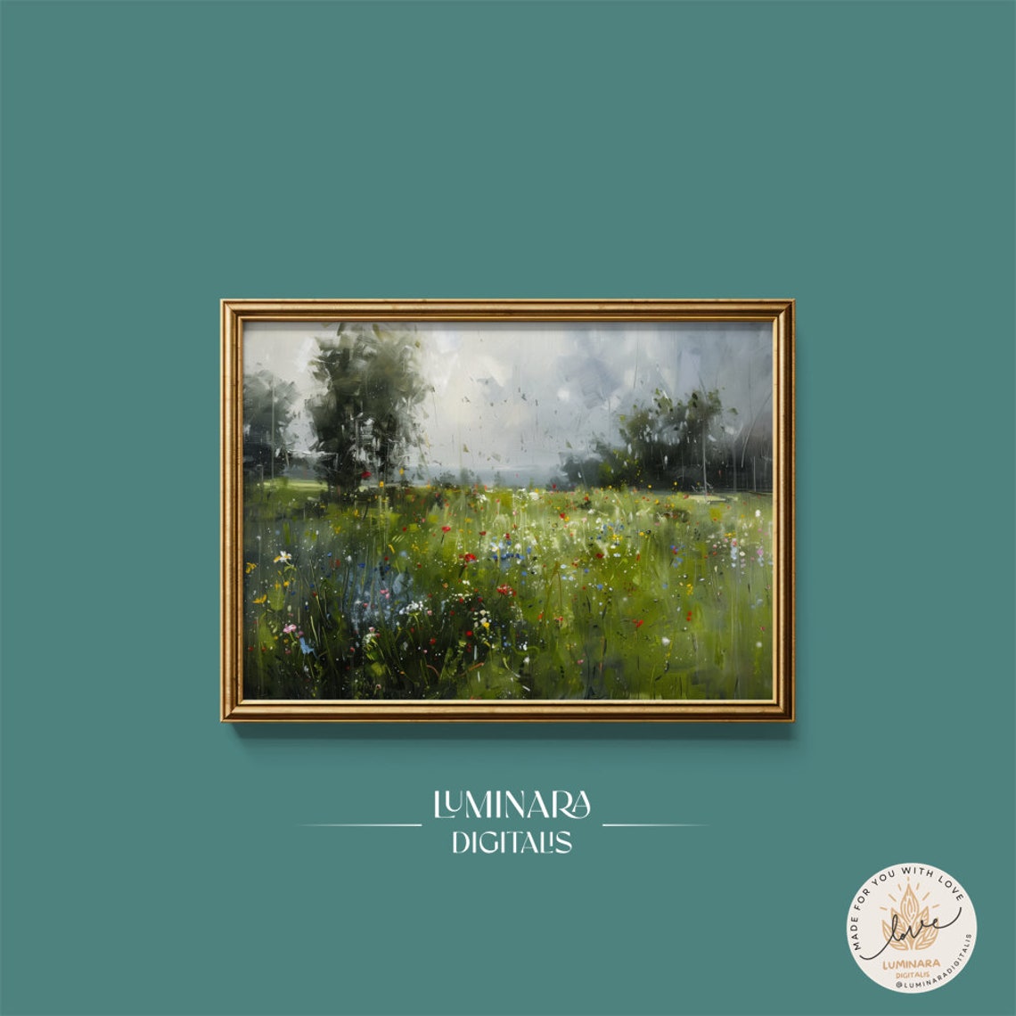 Rainy Meadow Wildflowers Under Misty Gray Skies Impressionist Poster