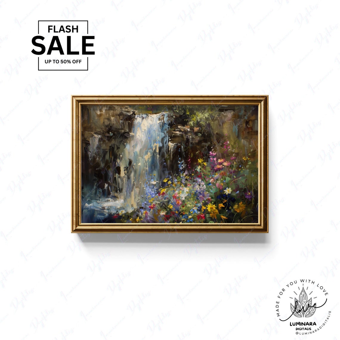 Waterfall Tumbling Over Dark Rocks Into Wildflower Meadow Poster - Image 3