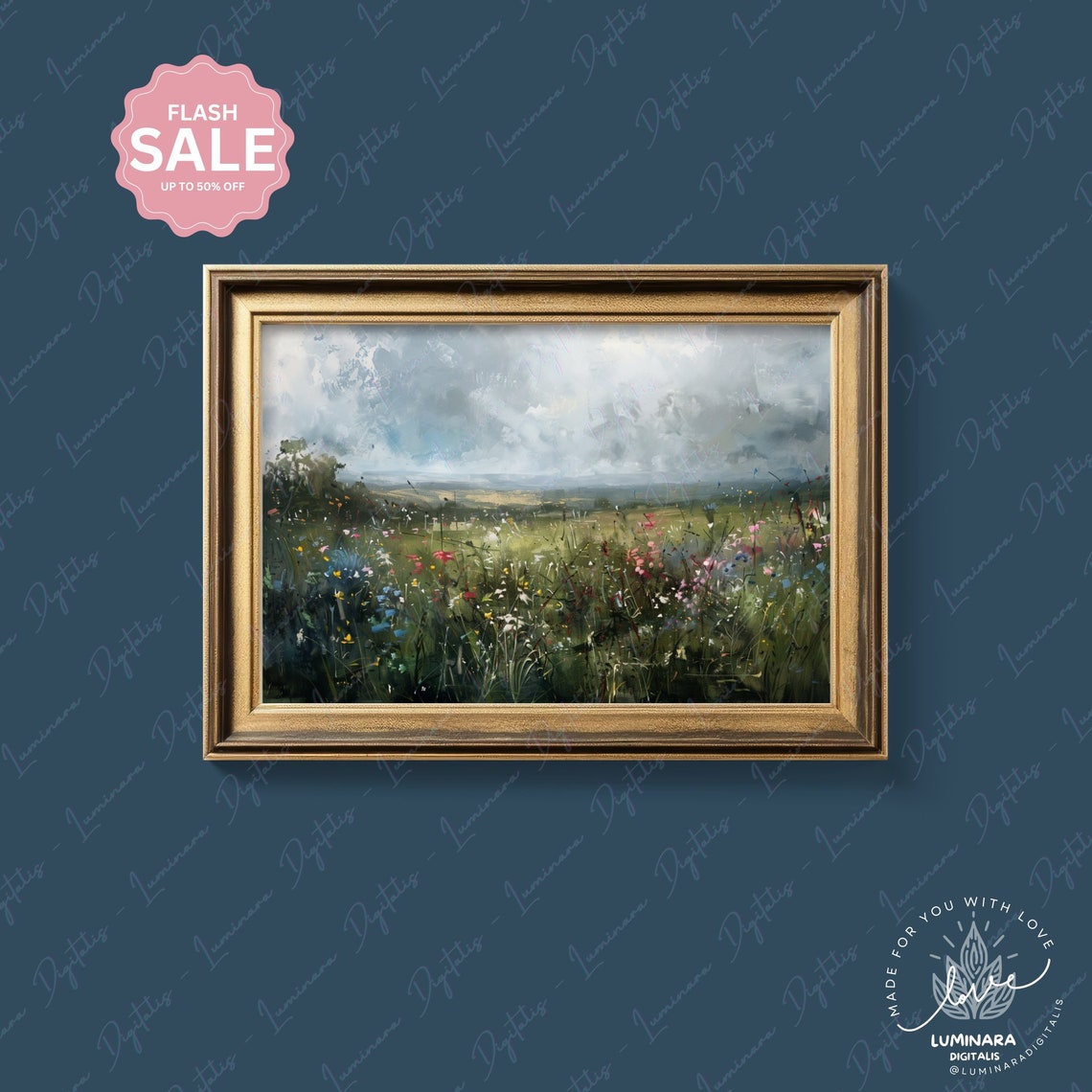 Rainy Wildflower Meadow Under Dramatic Cloudy Skies Art Poster - Image 4