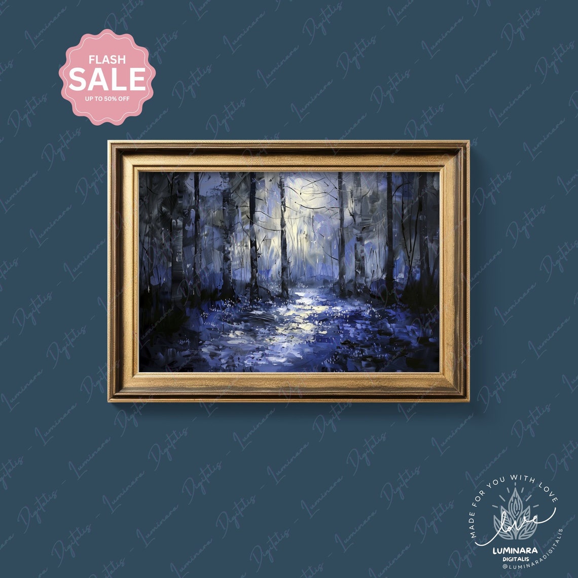 Moonlit Bluebell Forest At Night Enchanted Woodland Oil Poster - Image 4