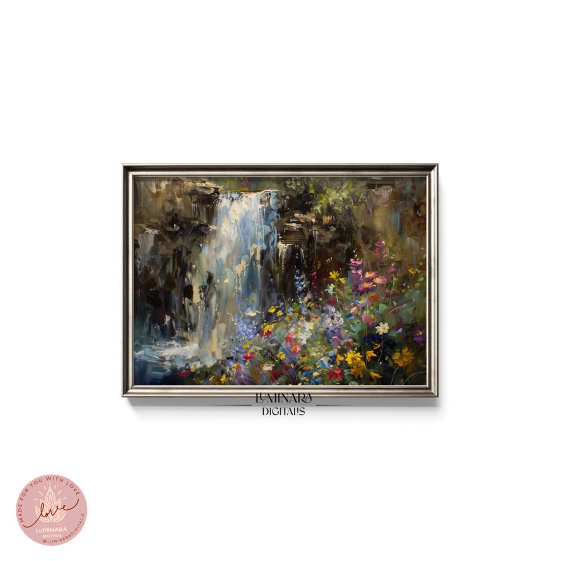 Waterfall Tumbling Over Dark Rocks Into Wildflower Meadow Poster - Image 5