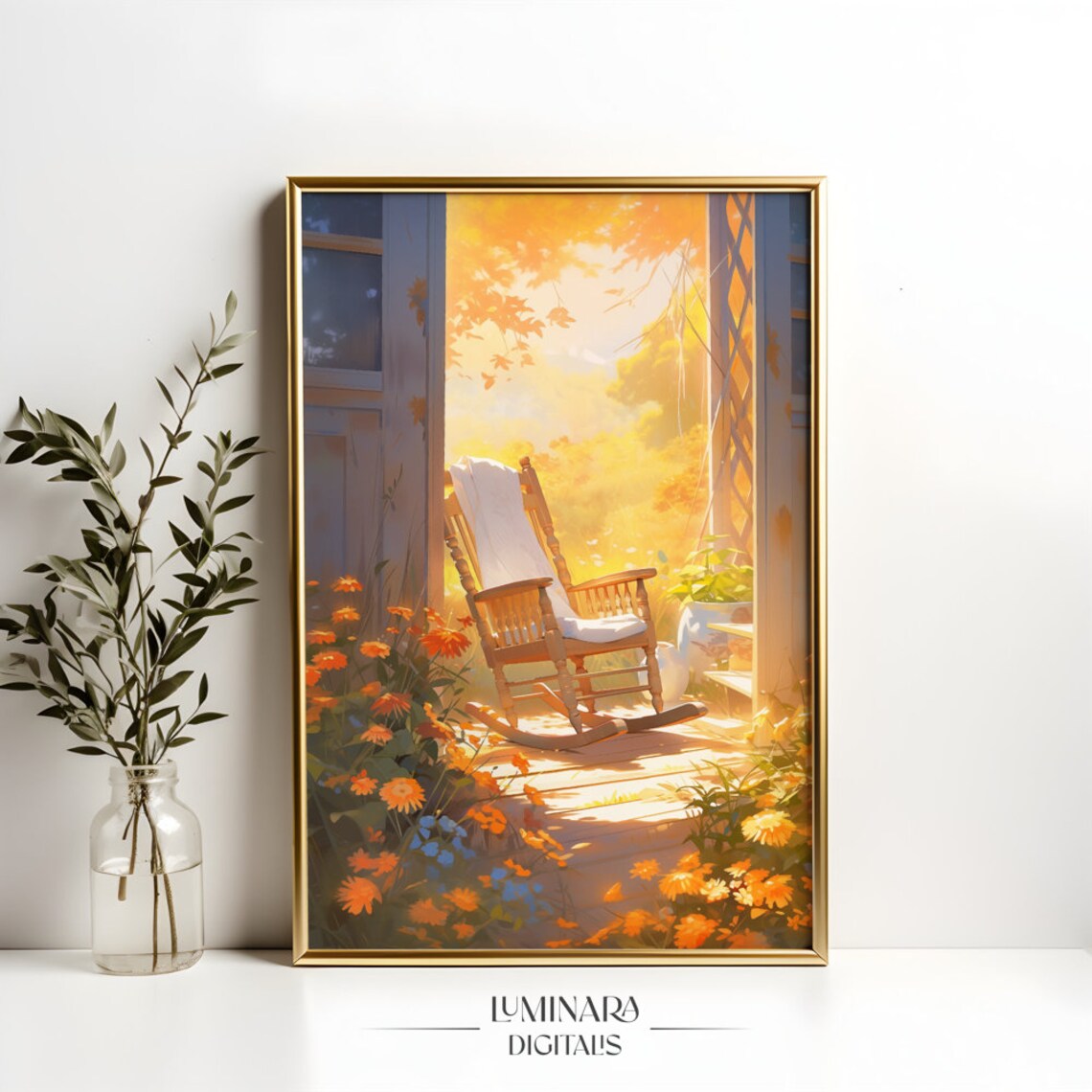Sunlit Porch Rocking Chair Among Orange Autumn Blooms Art Print - Image 4