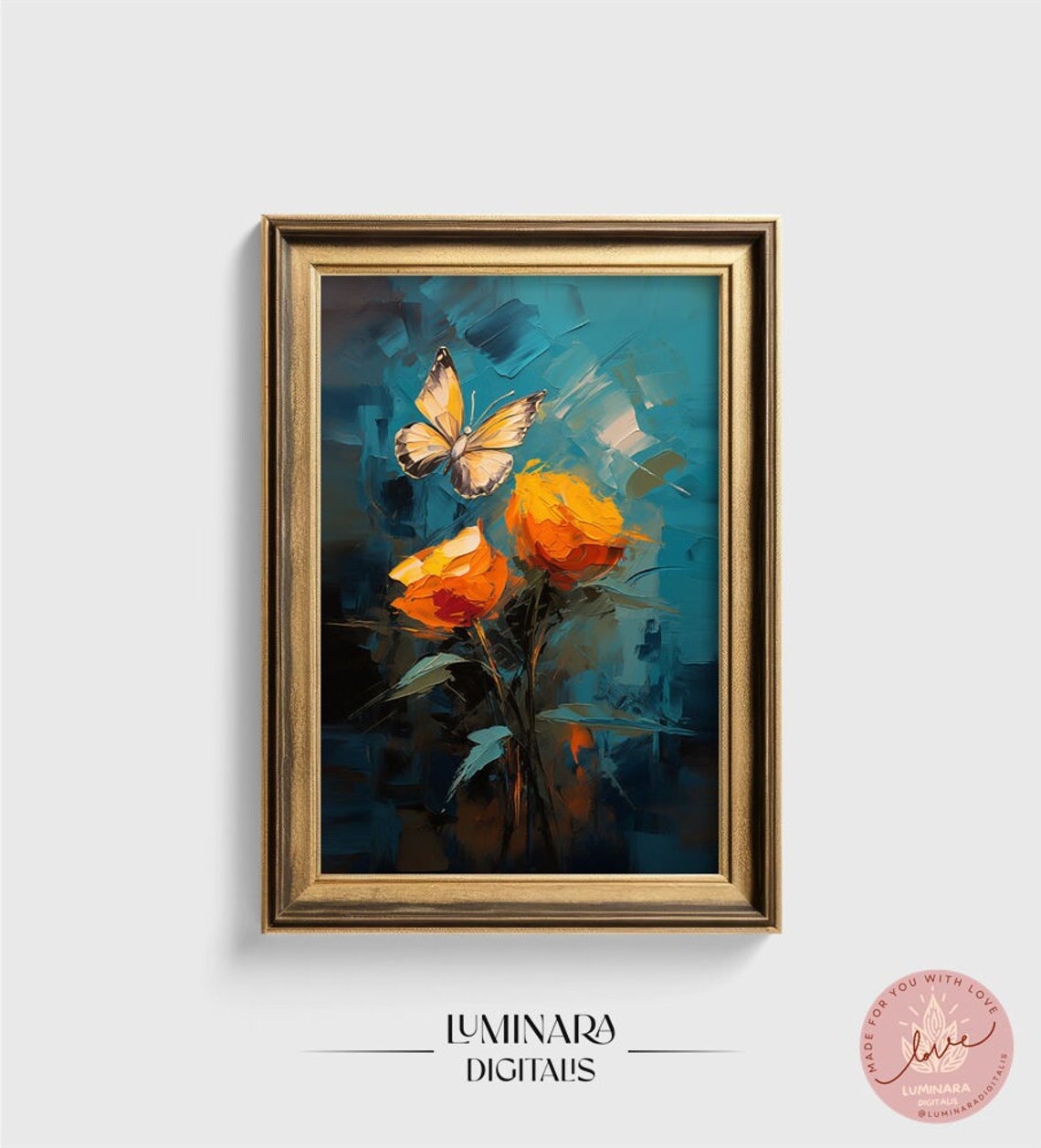 Orange Flower Butterfly Post Impressionist Wall Art Vintage Floral Print Botanical Art 00274