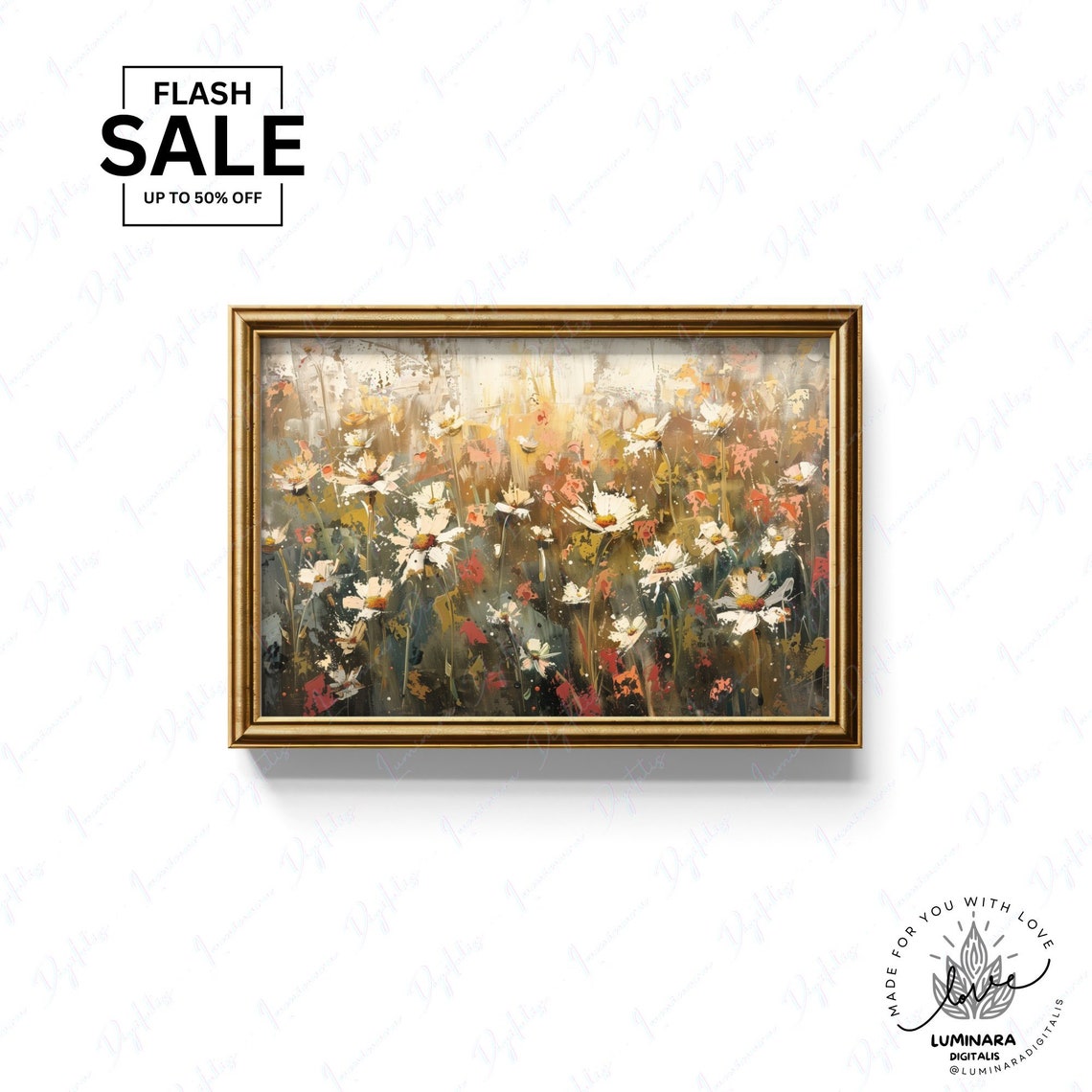 Wild Daisy Meadow Glowing In Warm Golden Light Impressionist Print - Image 3