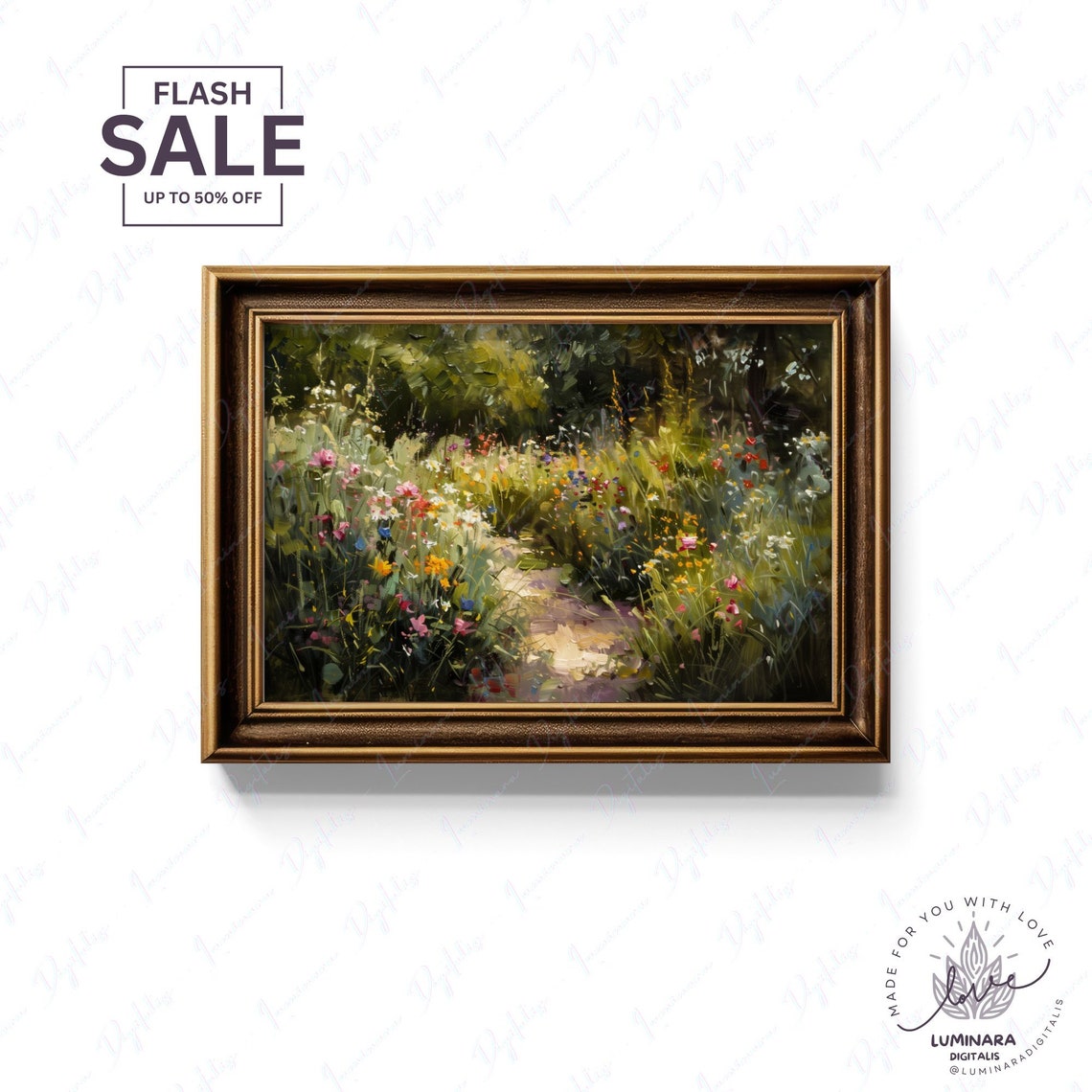 Summer Garden Path Between Flower Beds Impressionist Art Print - Image 2