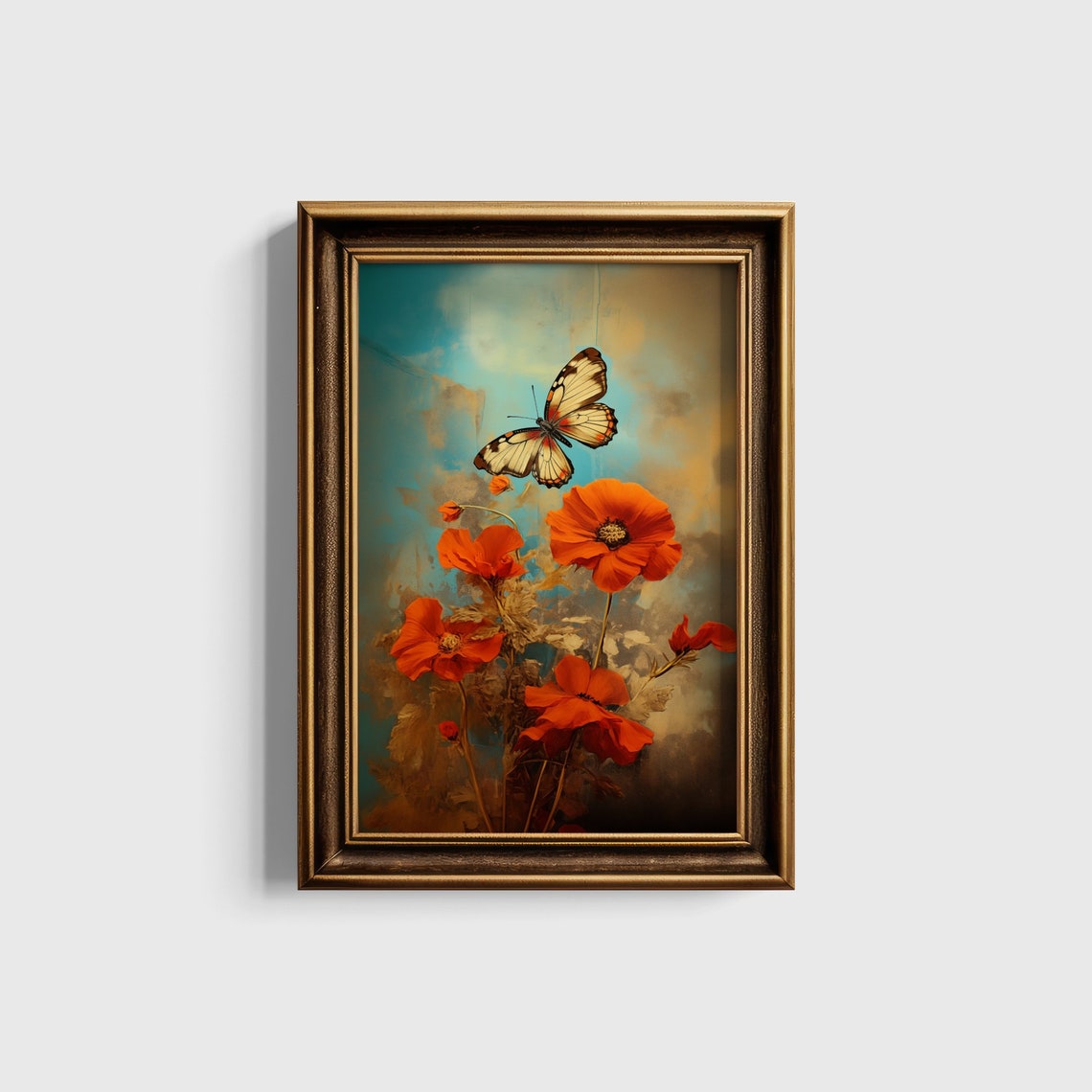 Butterfly Drifting Above Red Poppies Textured Impasto Art Poster - Image 5