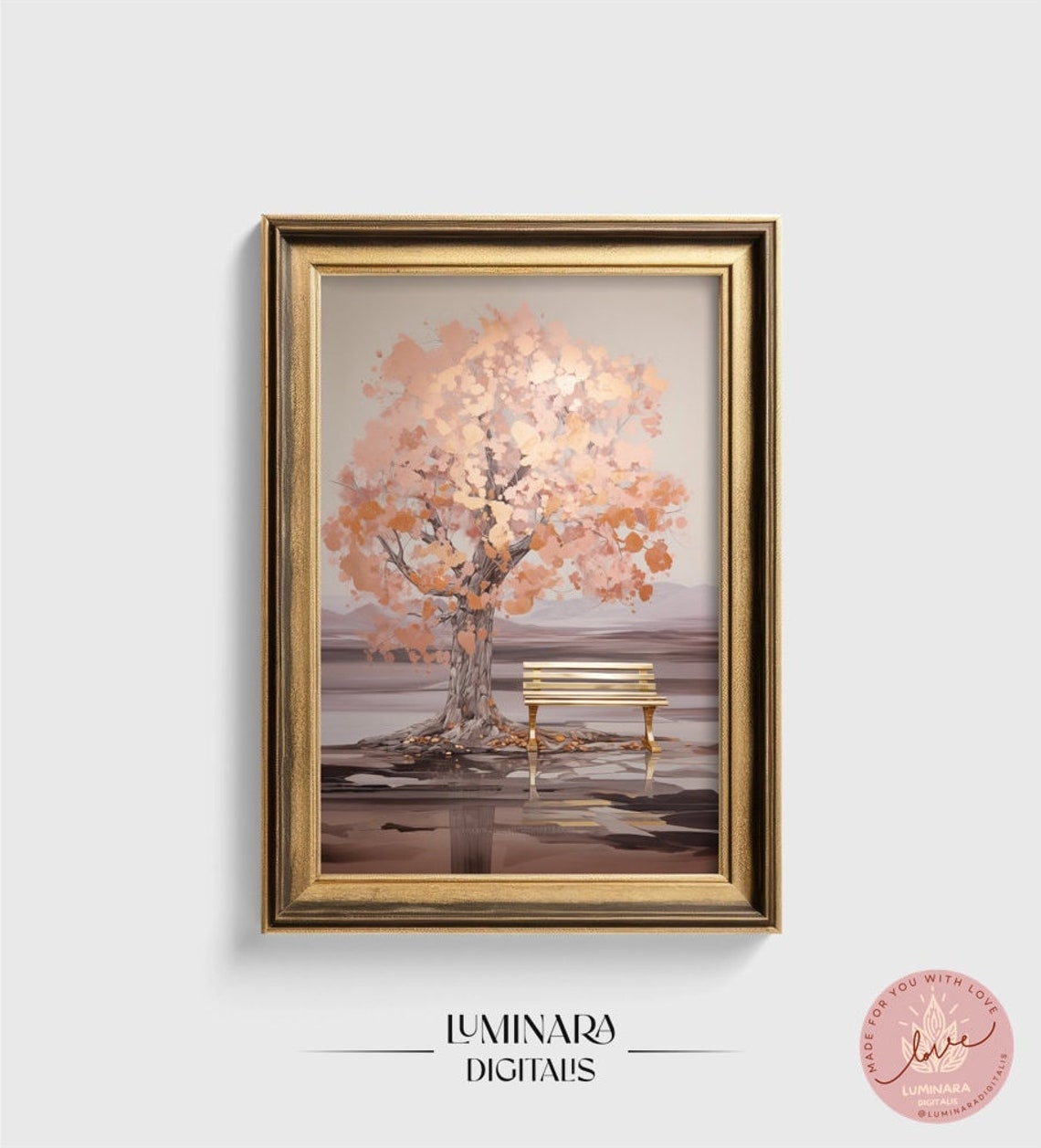 Pink Blossom Tree Beside An Empty Bench In Soft Mist Art Print