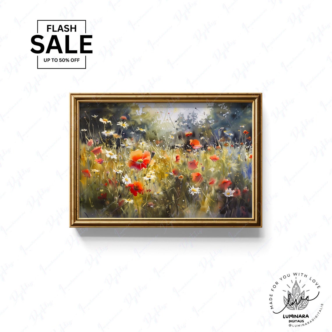 Watercolor Meadow Of Poppies And Daisies In Morning Light Poster - Image 3