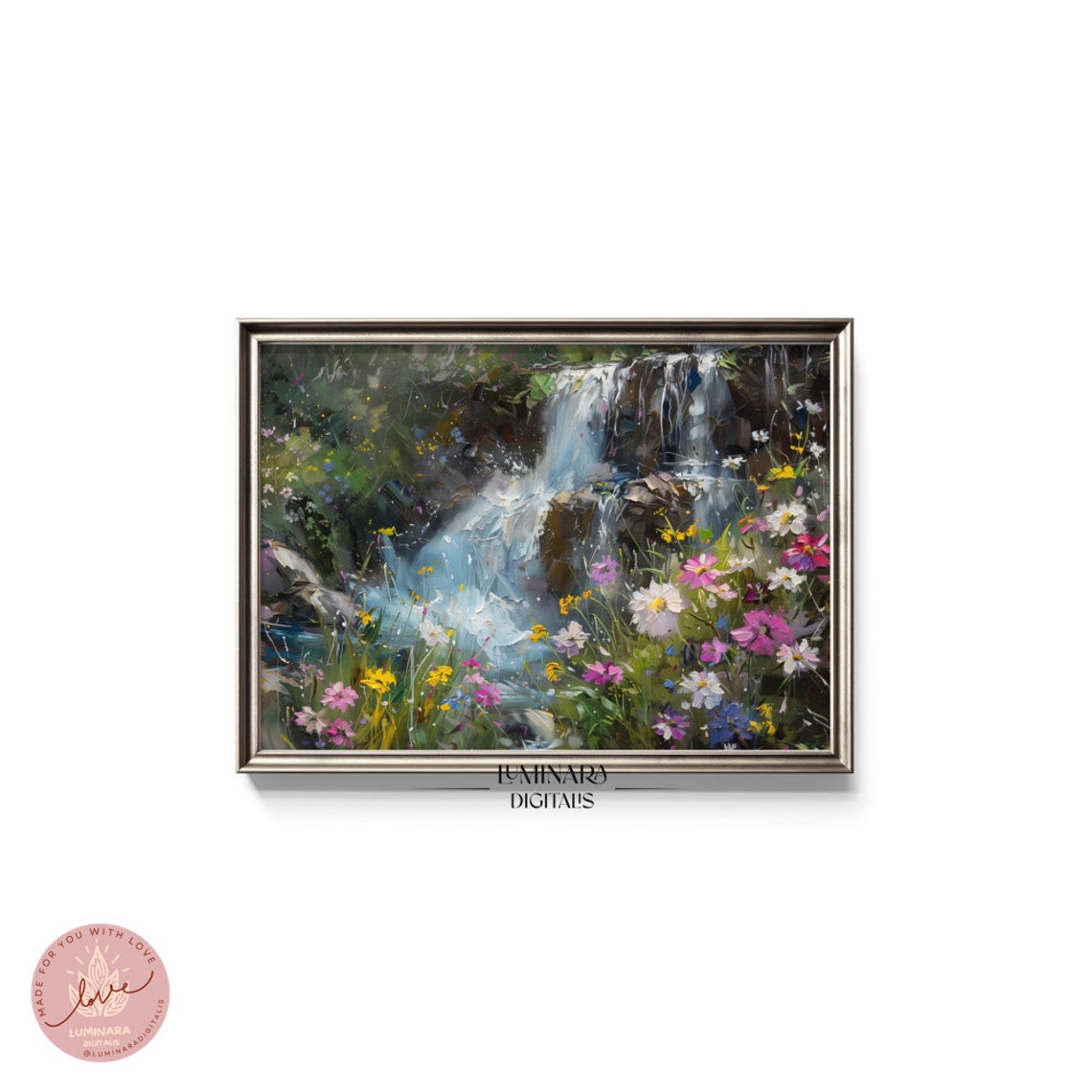 Waterfall Cascading Behind Colorful Wildflowers Impressionist Poster - Image 5
